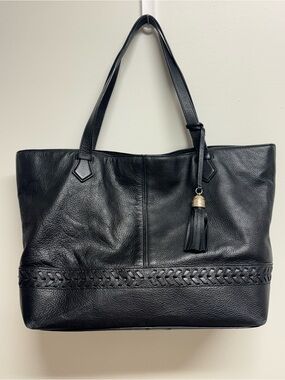 Cole Haan Black Leather Tote with Braided Trim and Tassel